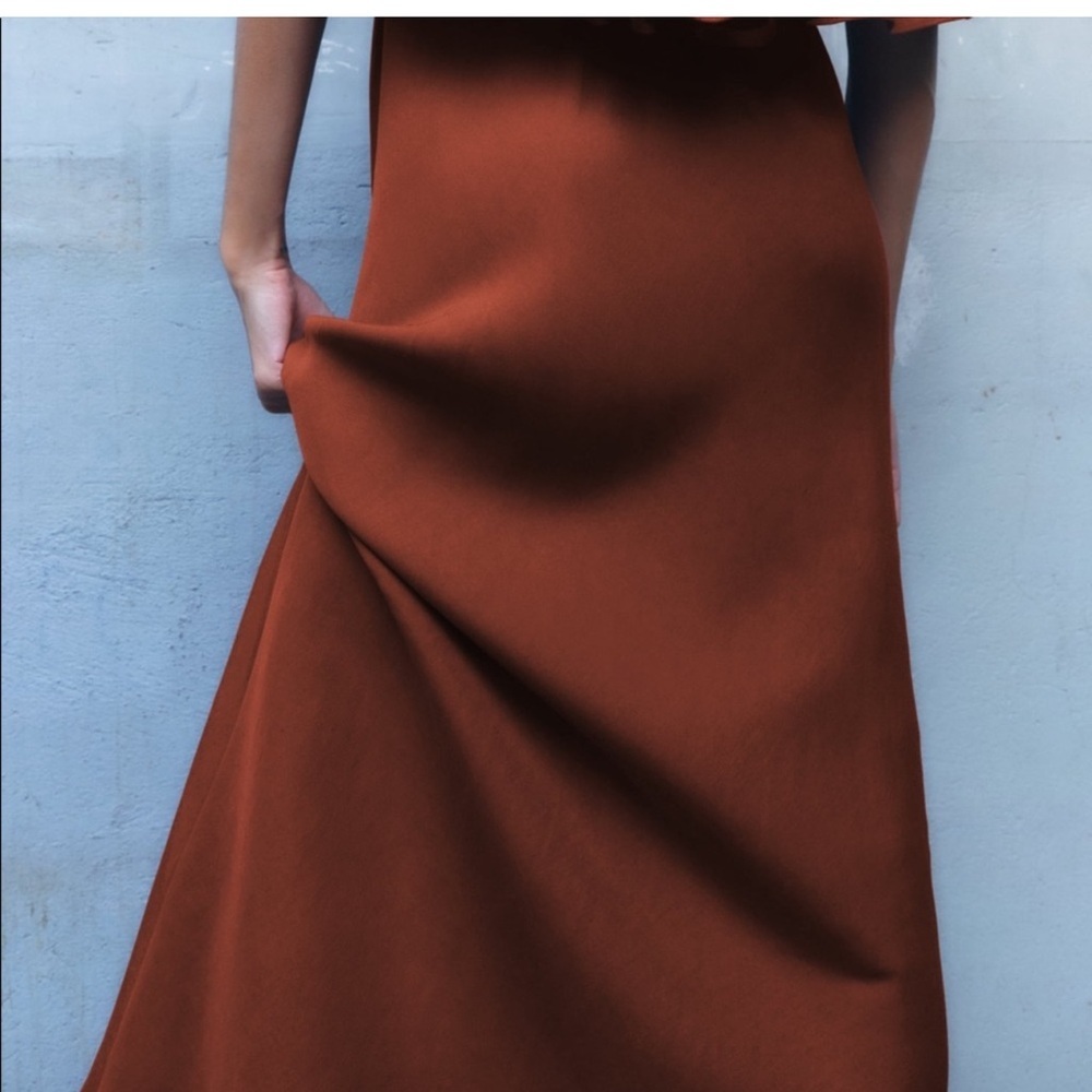 Zara Off Shoulder Linen Blend Ruffle Maxi  Rust Dress Small - Picture 4 of 14
